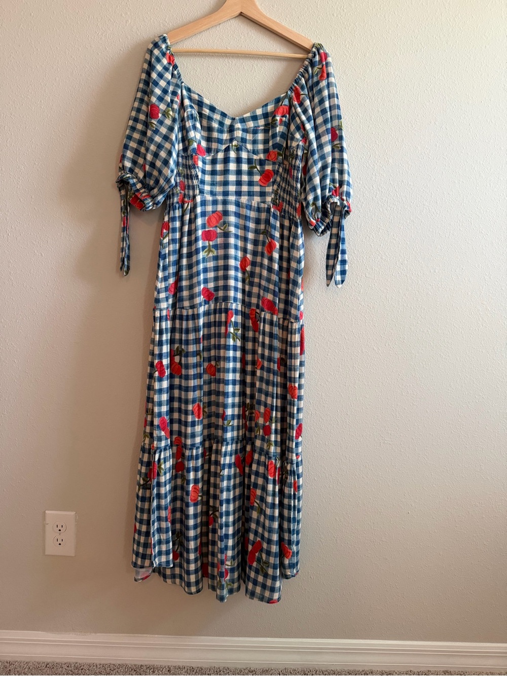 FARM Rio Blue and White Gingham Maxi Dress with Red Floral Accents